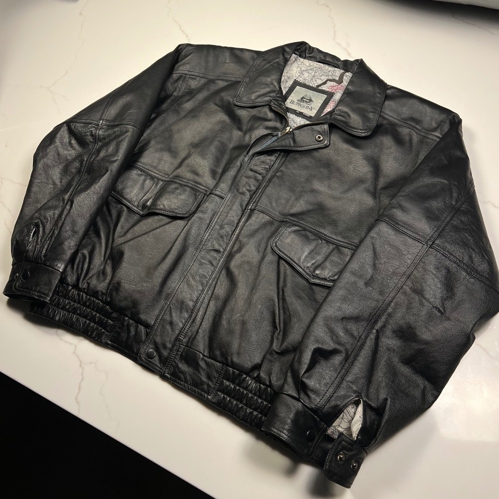 Burks Bay Bomber Jacket Mens XL Black Genuine Leather Map Lining Aviator Coat